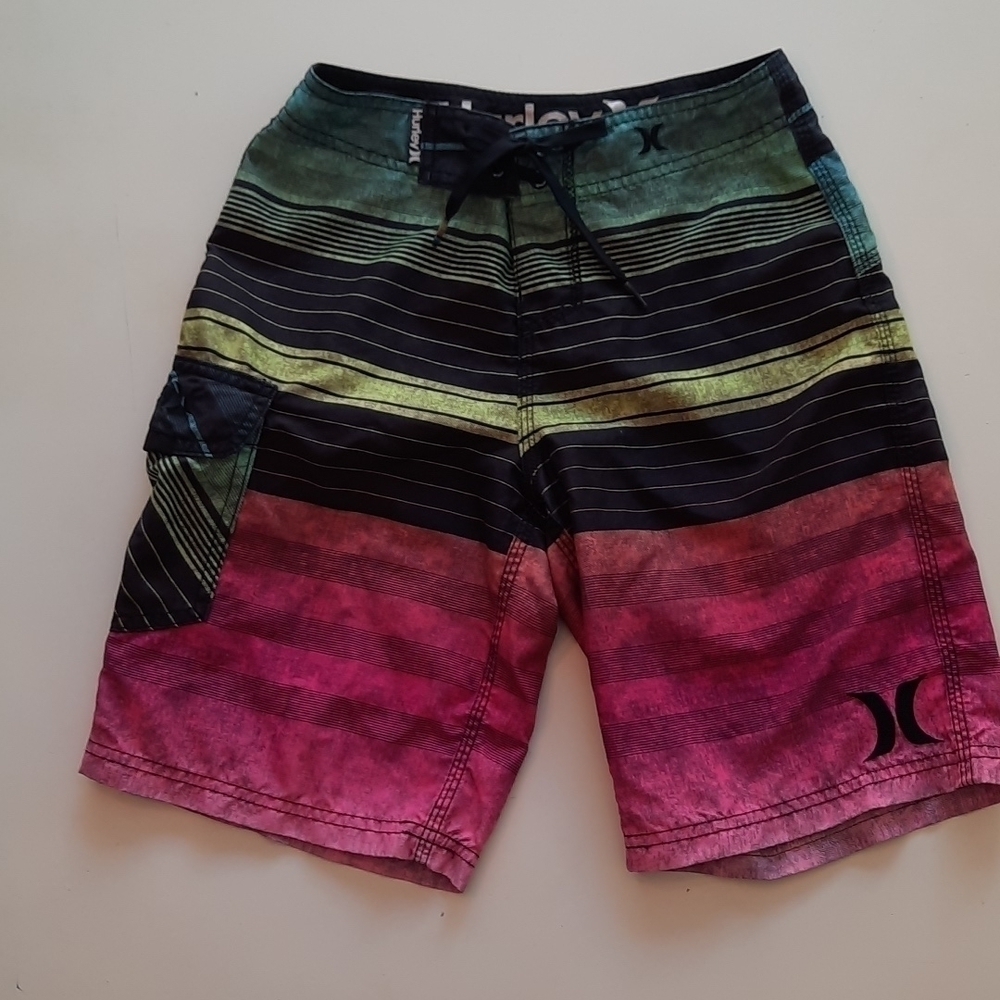 Hurley Striped Board Shorts Swim Trunks 24 Black Pink Green